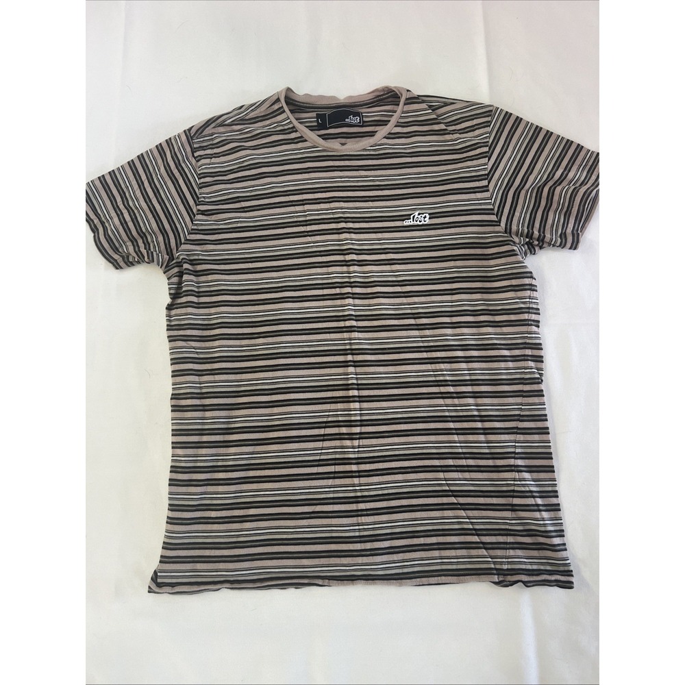 Lost Brown Striped Y2K 90s T-shirt, Size Large, Lightweight 100% Cotton